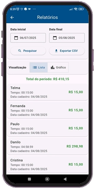 Tela do app Brincômetro com timers e painel de controle